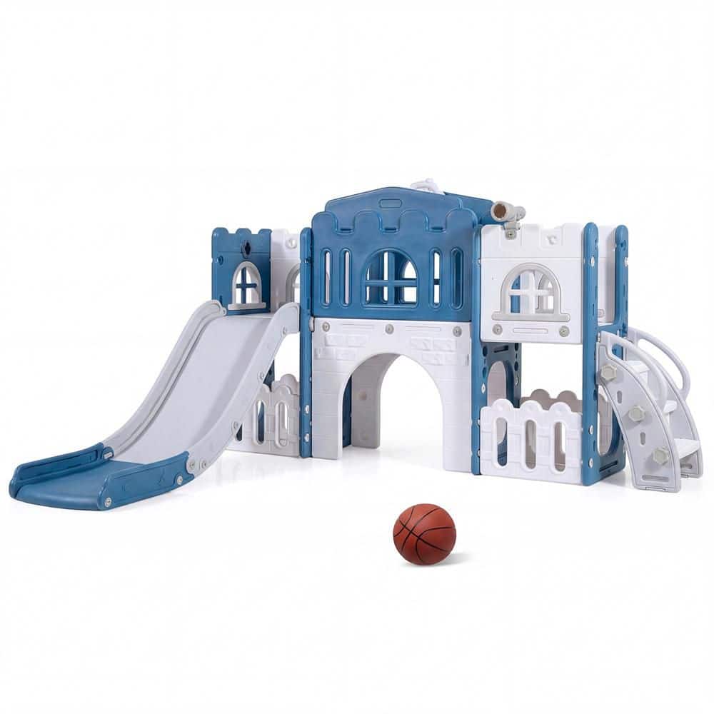 All in 1 Toddle Open Slide Playset Freestanding Kids Slide with Tunnel, Basketball Hoop Blue and White price history on PriceWatchPro