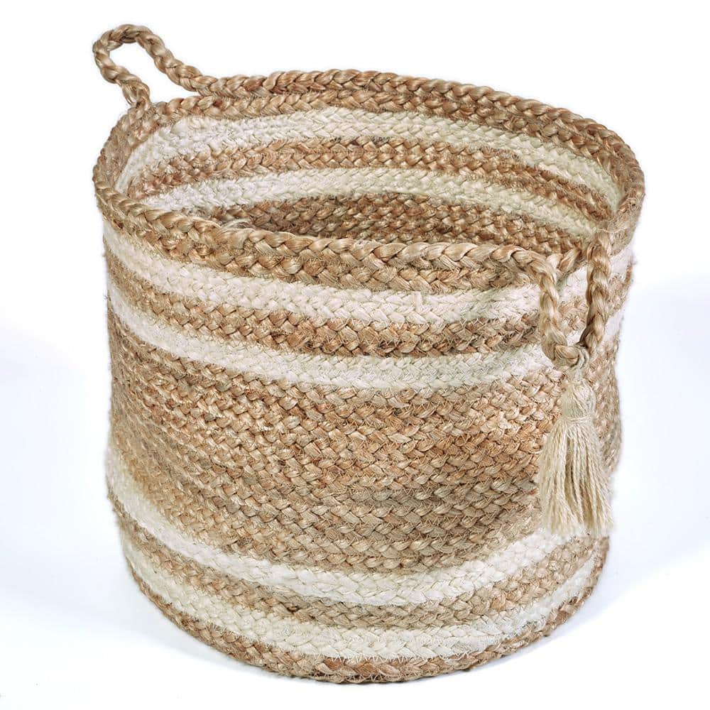 Eco-Friendly Handmade Jute Storage Basket with White Stripes, 19"