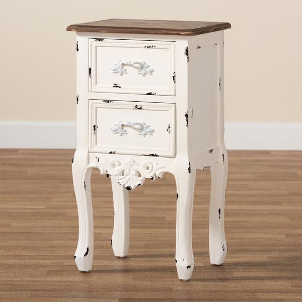 Baxton Studio Levron 2-Drawer Walnut Brown and Antique white Nightstand (26.77 in. H x 14.57 in. W x 11.81 in. D)