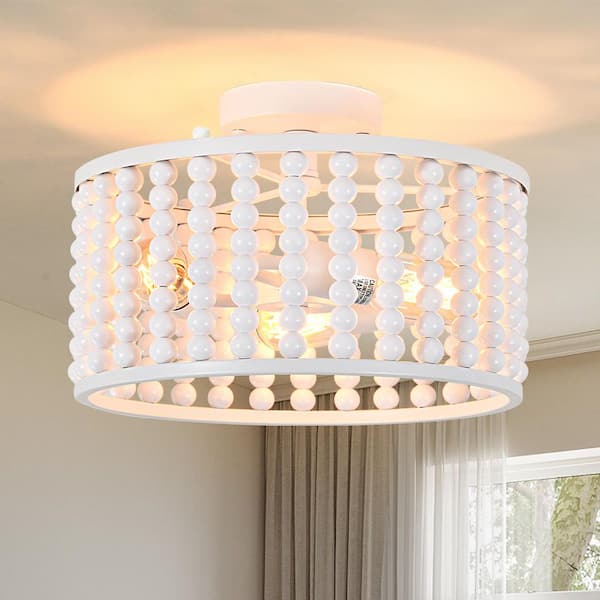 GMGSROM Boho Farmhouse 13 in. 2-Light White Wood Beaded Chandelier Semi Flush Mount Ceiling Light