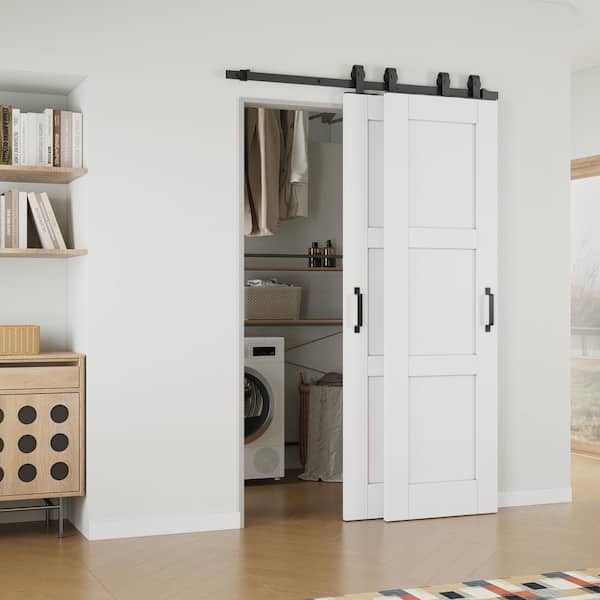 ARK DESIGN 28 in. x 80 in. (Double 18 in.) 3-Panel White Primed Solid Core MDF Sliding Barn Door with Hardware Kit Bypass