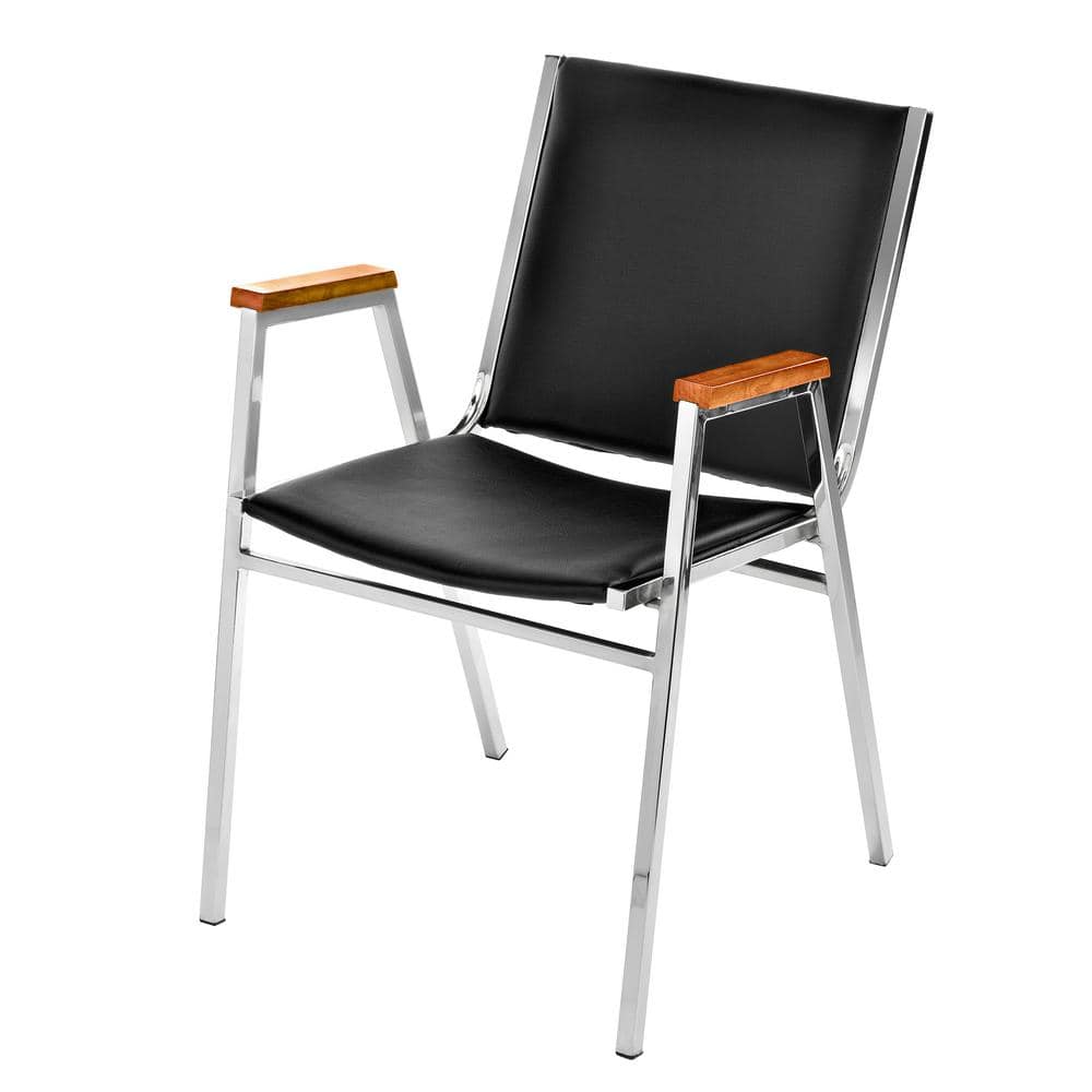 Black Vinyl and Metal Stackable Office Chair with Walnut Armrests