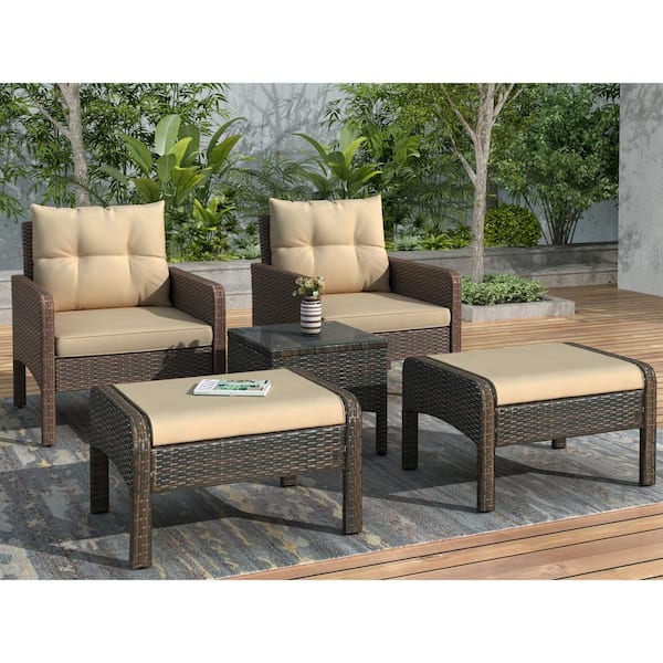 Wateday Brown 5-Piece Wicker Outdoor Patio Conversation Seating Set with Tan Cushions
