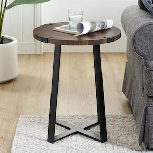 18 in. Dark Walnut Rustic Urban Industrial Wood and Metal Wrap Round Accent Side Table