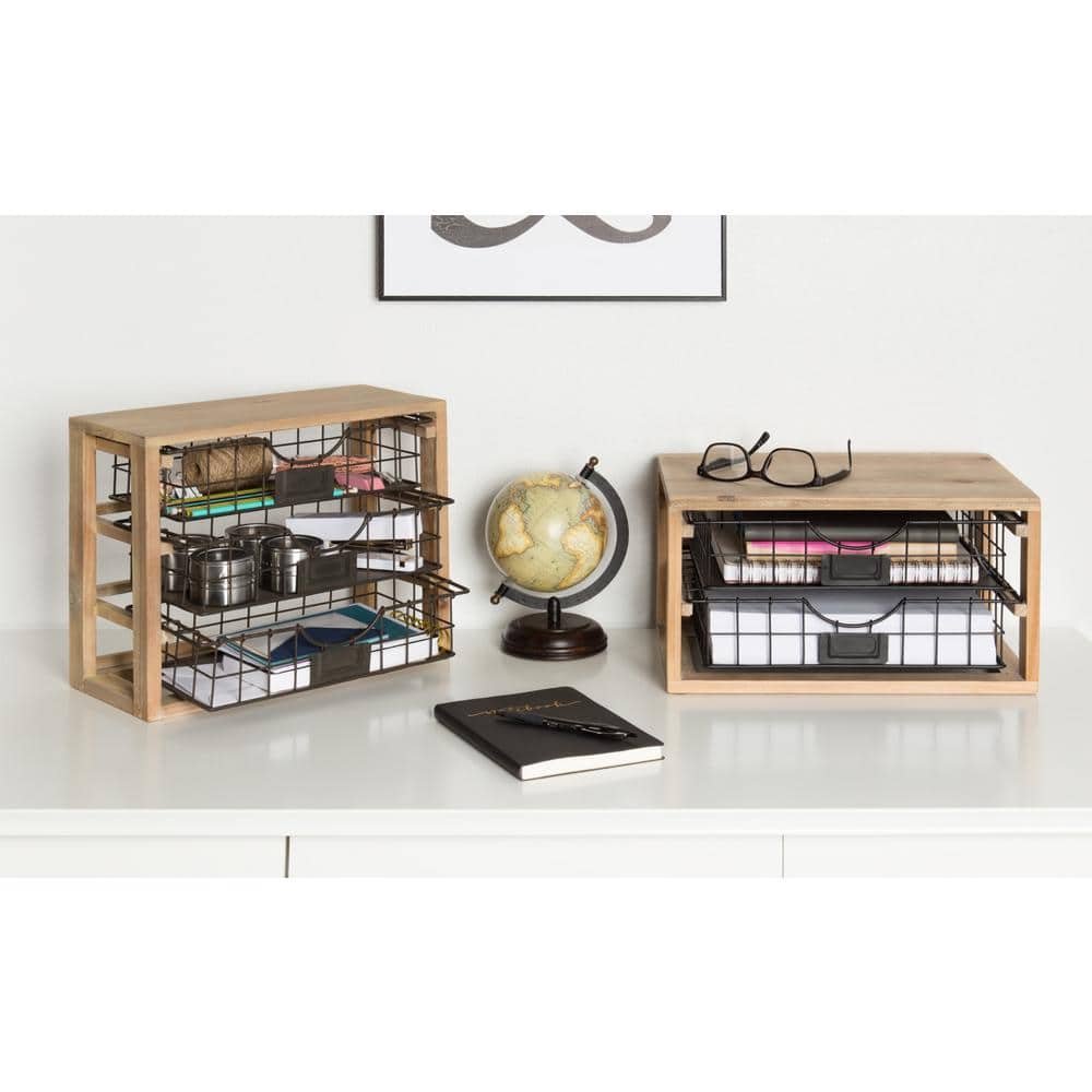 Rustic Wood and Metal 2-Drawer Letter Tray Organizer
