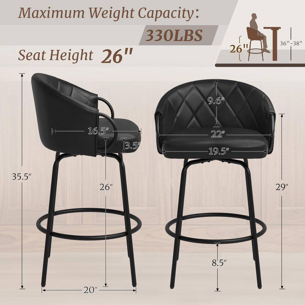 Two black faux leather bar stools with dimension overlays.