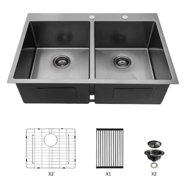 33 in. Drop-in Double Bowl (50/50) 16-Gauge Gunmetal Black Stainless Steel Kitchen Sink with Two 10 in. Deep Basin