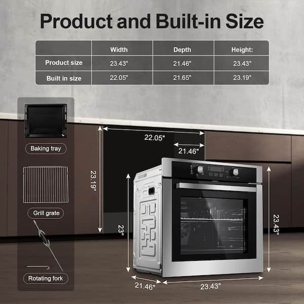 24 In. Single Electric Wall Oven 2.8 cu. ft. 3220-Watts 3-key digital control 360 rotisserie 9 functions Stainless Steel