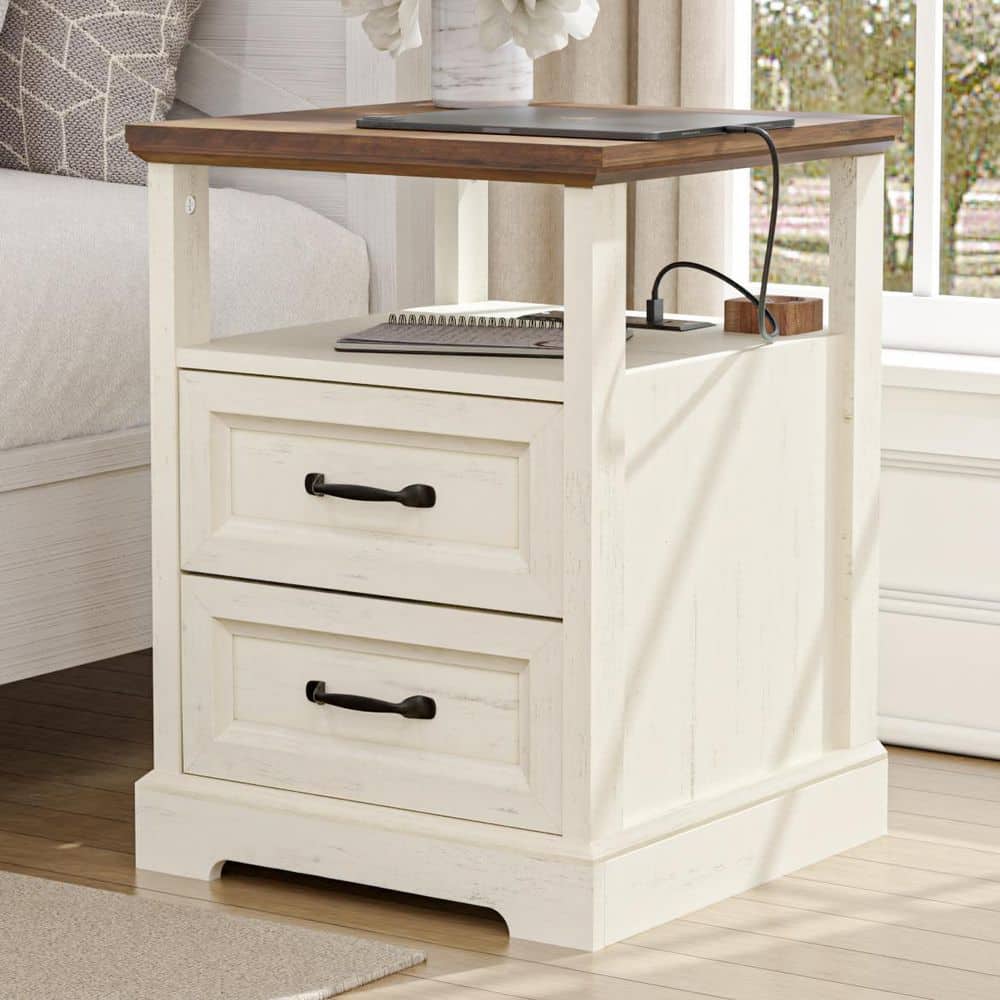 Farmhouse White/Brown 2-Drawer 17.7 in. W Nightstand with Charging Station and Open Shelf price history on PriceWatchPro