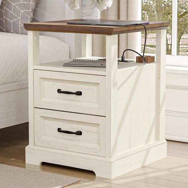 Farmhouse White/Brown 2-Drawer 17.7 in. W Nightstand with Charging Station and Open Shelf