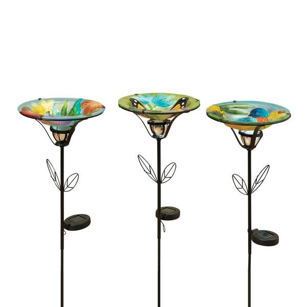 Unbranded 35.5 in. Solar Lighted Birdbath with Fused Metal and Glass (3-Pack)