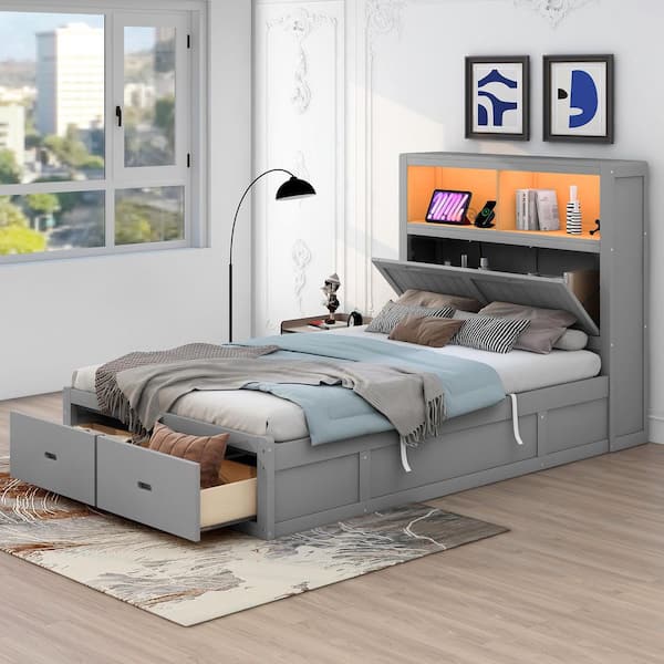 Gray Wood Frame Full Platform Bed with Storage LED Headboard, Charging Station and 2 Drawers