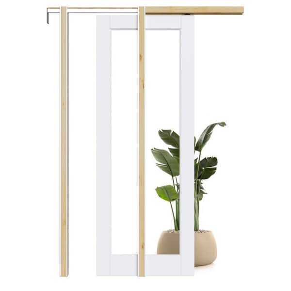 32 in. x 80 in. 1-Lite Clear Glass White Primed Solid Core Pocket Sliding Door with Hardware Kit