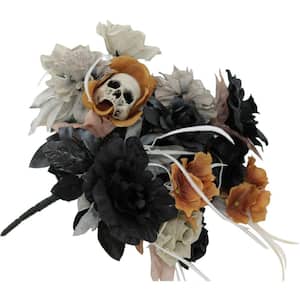 15 in. Halloween Bouquet Decoration Piece with Black and Off-White Flowers and Skull