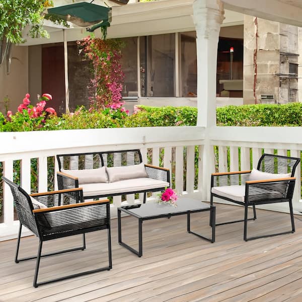 Cedar Island 4-Piece Wicker Patio Conversation Set Beige Cushions