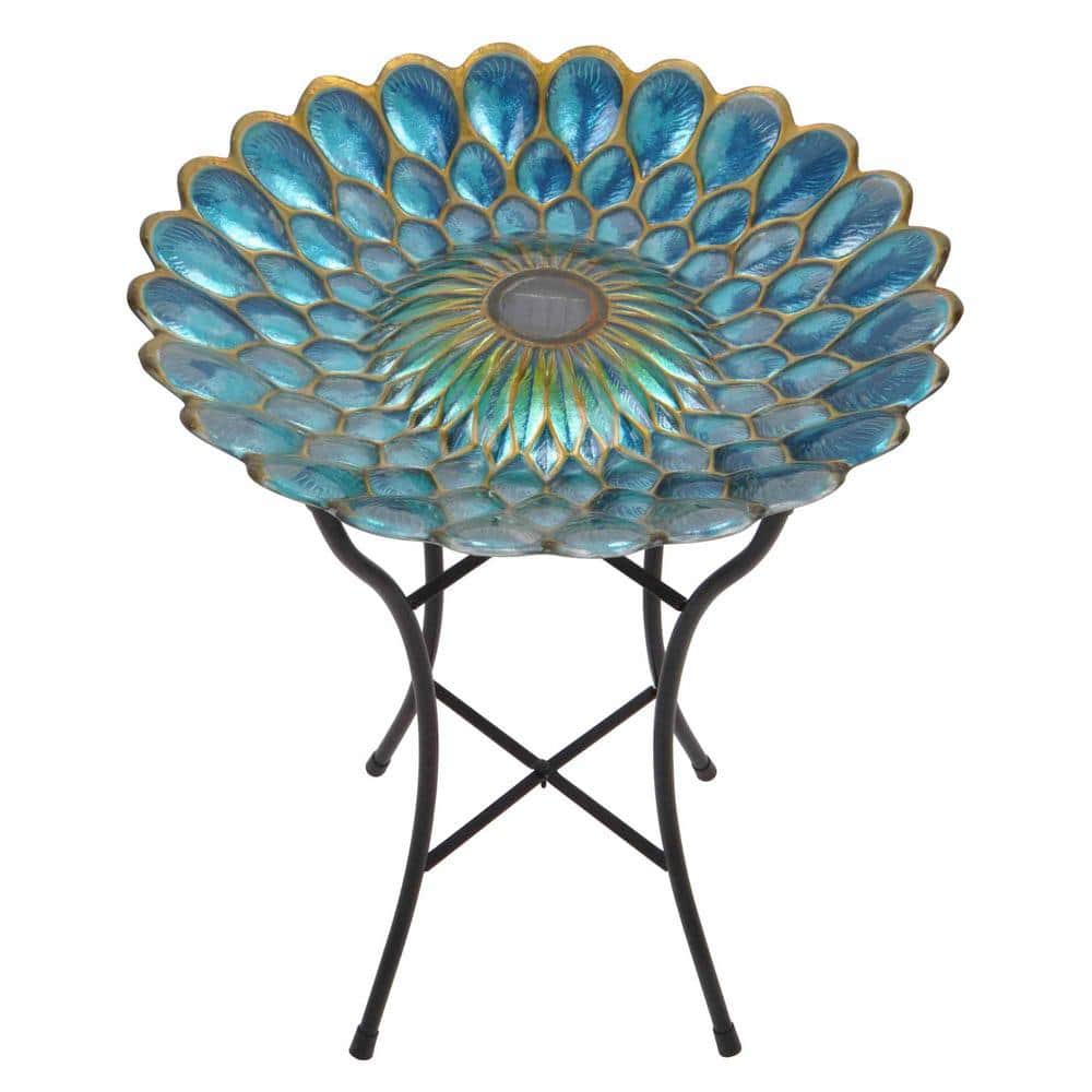 Blue 18" Solar Glass Flower Mosaic Birdbath with Metal Stand