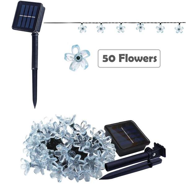 Cool White Plastic Outdoor Solar Flower String Lights