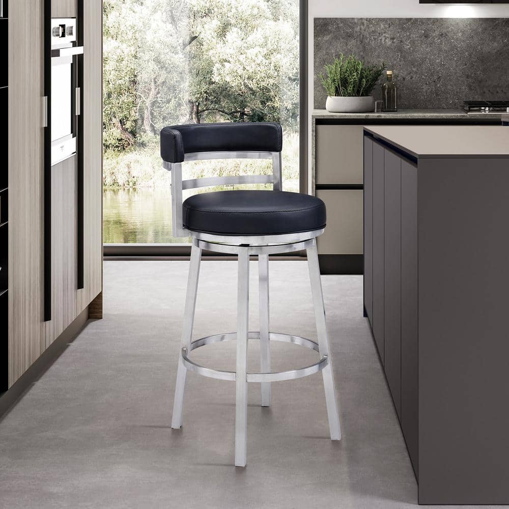 Titana 36-40 in. Black/Brushed Stainless Steel Metal 26 in. Bar Stool with 