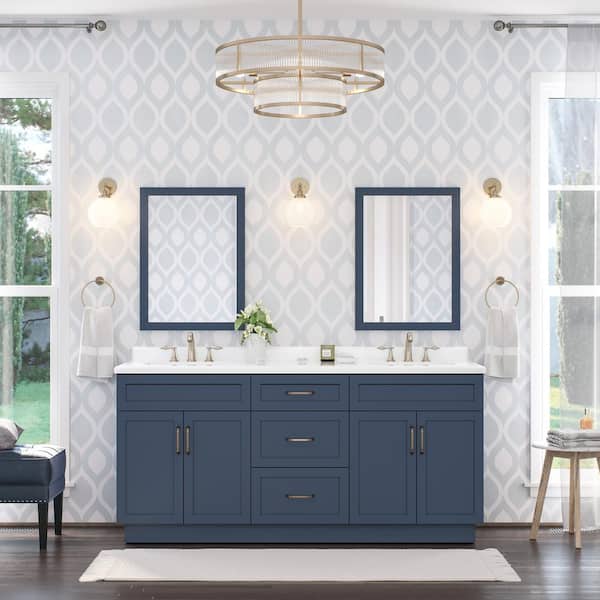 Home Decorators Collection Lincoln 72 in. W x 22 in. D x 34 in. H Double Sink Bath Vanity in Midnight Blue with White Engineered Stone Top