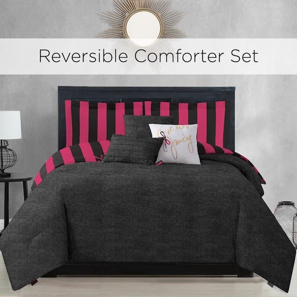 Black/Hot Pink Juicy Cabana Stripe Twin/Twin XL Microfiber Comforter Set