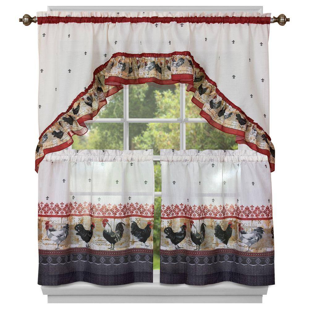 Kashi Home 3-Piece Kitchen Curtain Swag Set – Fruit Floral Rooster Print – Light Filtering
