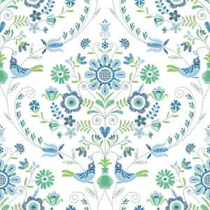 Britt Sapphire Embroidered Damask Paper Glossy Non-Pasted Wallpaper Roll