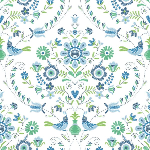 A-Street Prints Britt Sapphire Embroidered Damask Paper Glossy Non-Pasted Wallpaper Roll