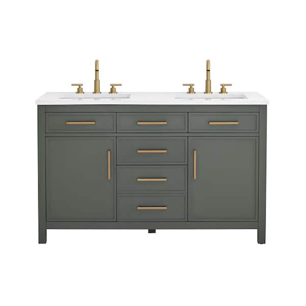 Cooper 54 in. W Bath Vanity in Vintage Green with Engineered Stone Top in Ariston White with White Sinks