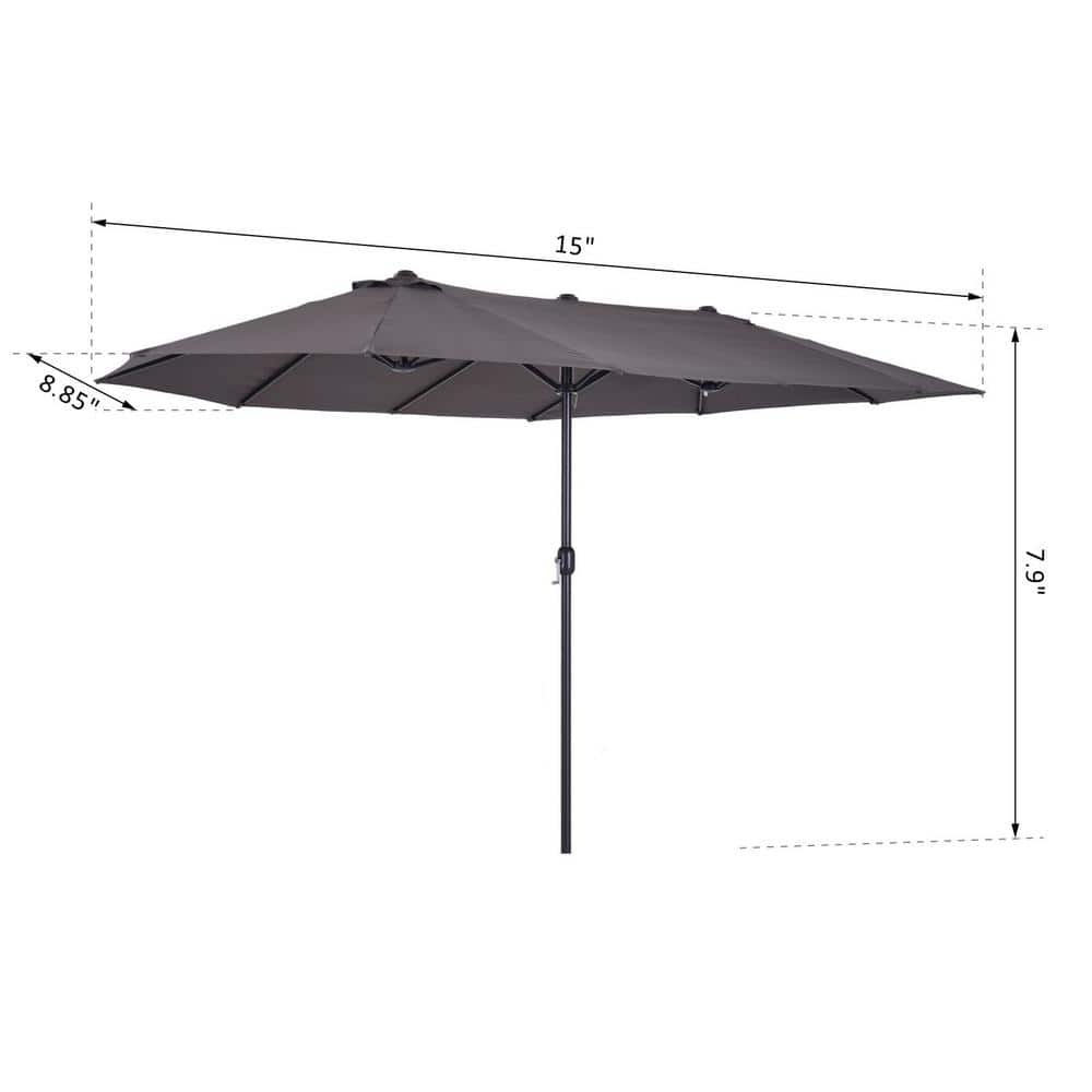 Gray Double-Sided Steel 15ft Patio Umbrella with Crank Handle