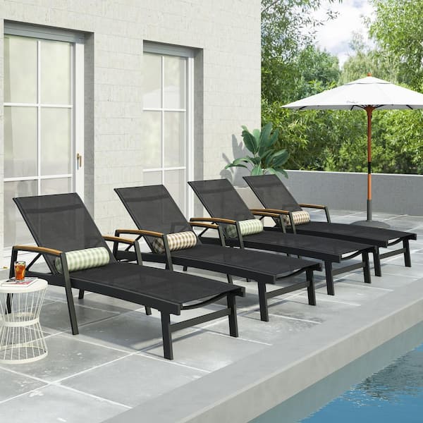 Noble House Oxton Black 4-Piece Metal Outdoor Patio Chaise Lounge