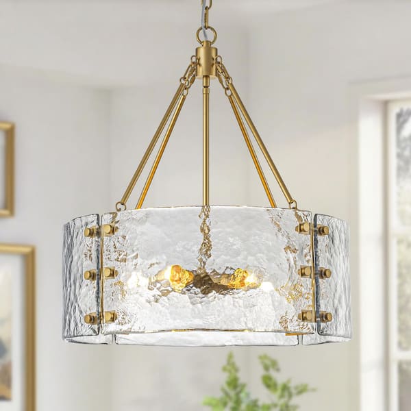 Gold 5-Light Drum Pendant Chandelier with Hammered Glass Shade, Elegant Modern Light Fixture for Dining Room or Entryway