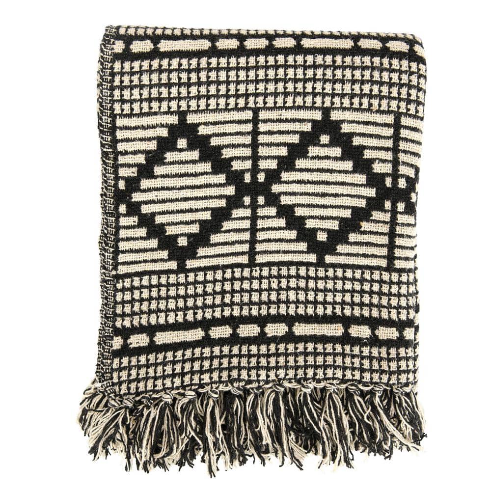 Bloomingville Black & Beige Diamond-Patterned Cotton Blend Throw with Fringe