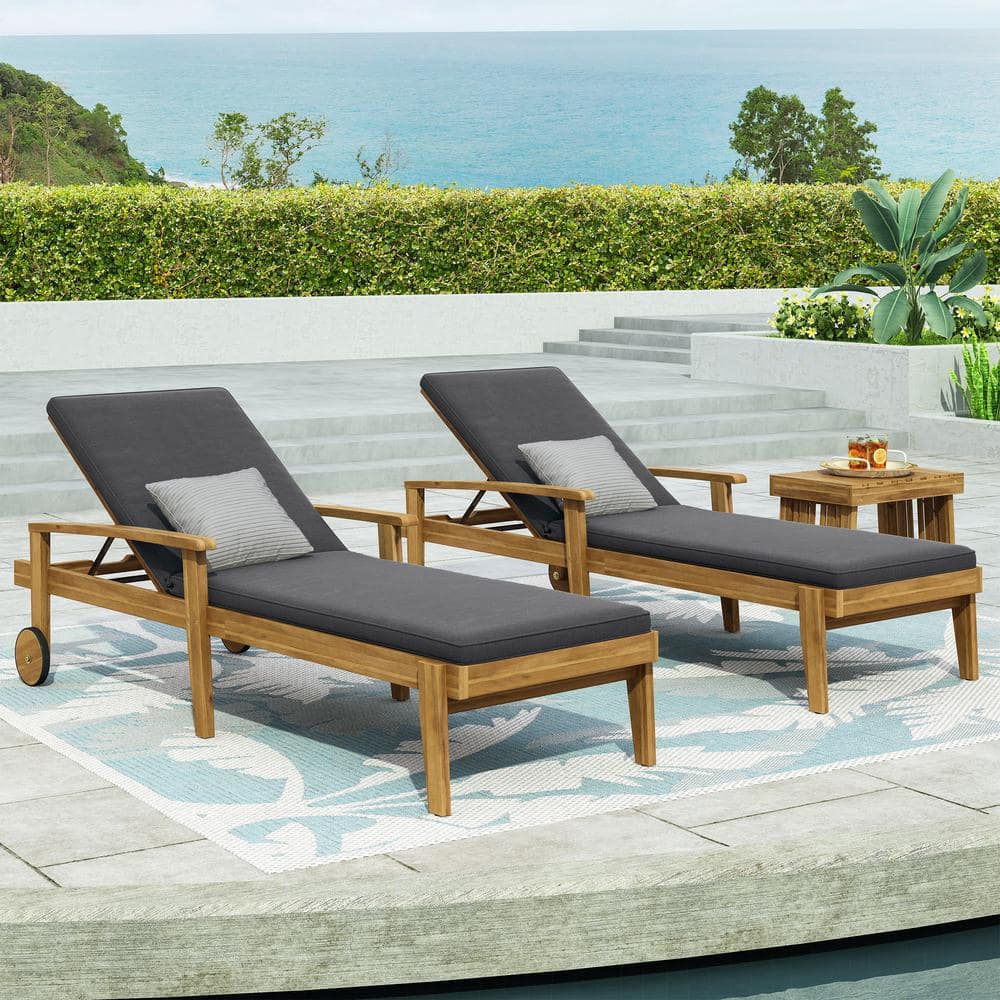 Teak and Dark Gray Acacia Wood Outdoor Chaise Lounge Set with Cushions