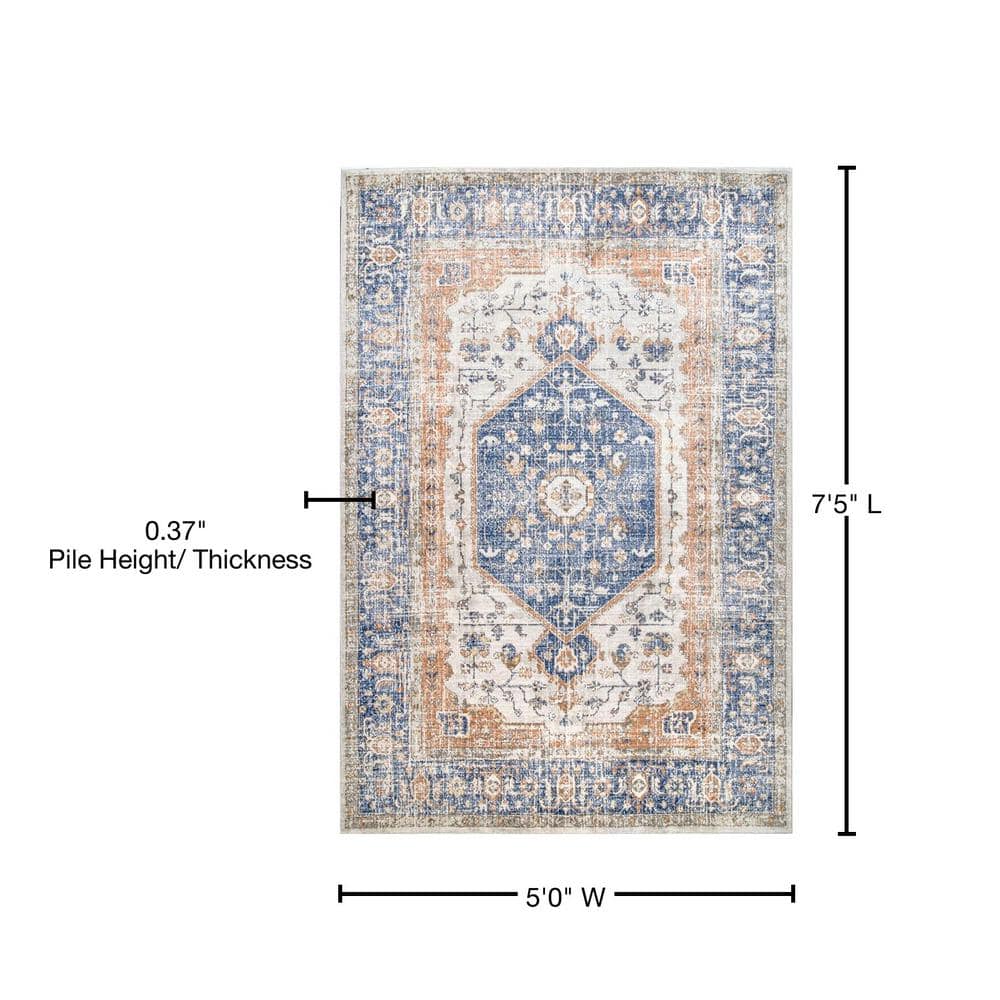 Reversible Vintage Floral Blue Synthetic Area Rug, 5' x 7'