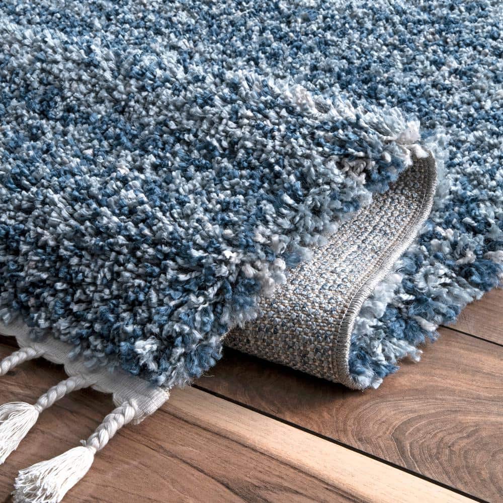 Brooke Blue Shag Tasseled Runner Rug 2x8