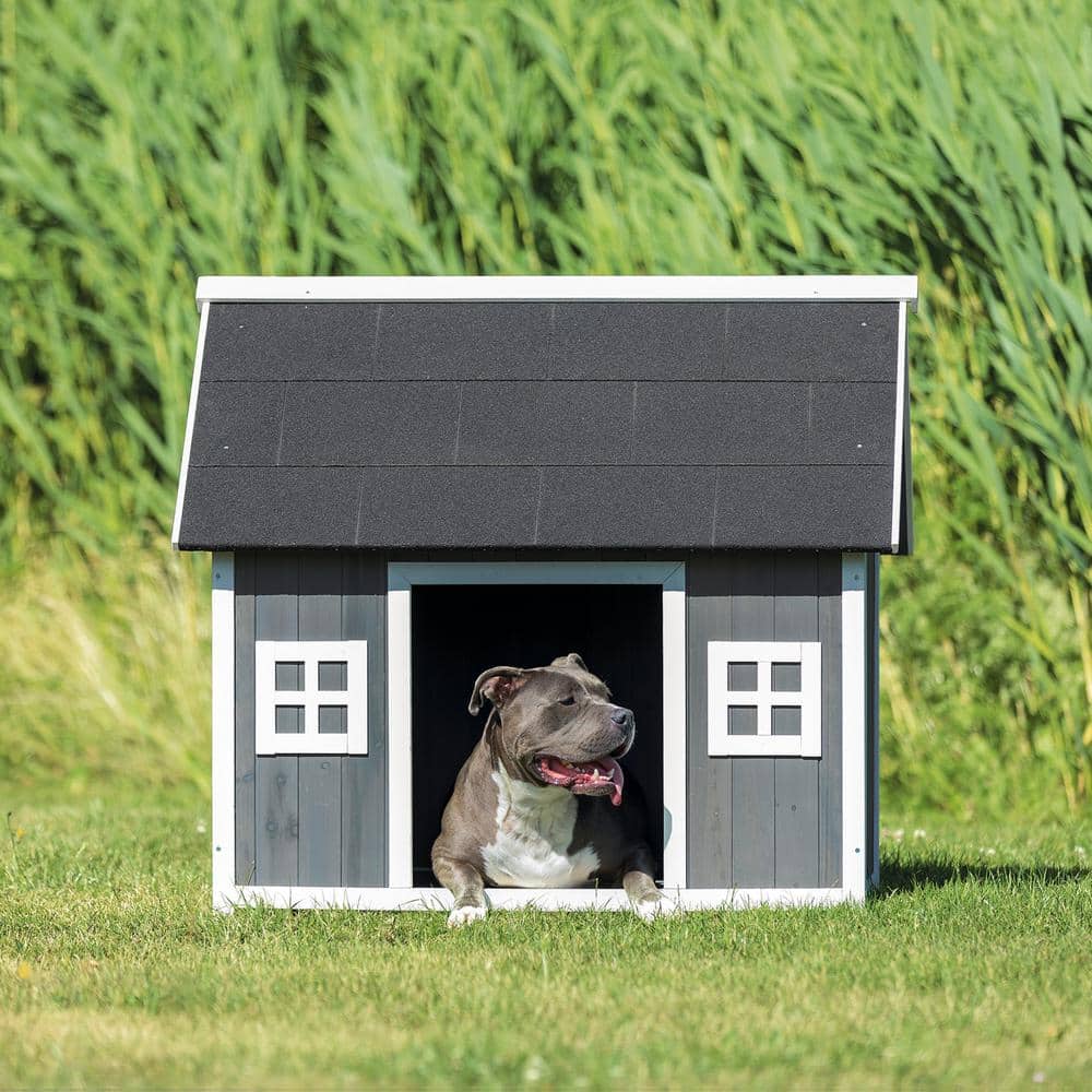 Medium Gray and White Wooden Raised Dog House