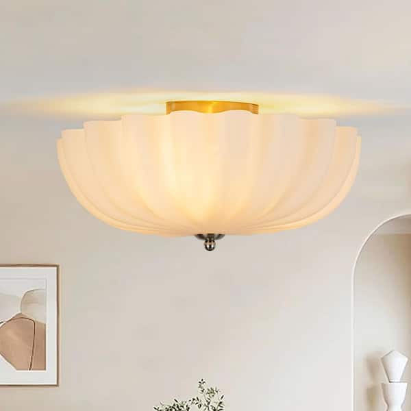 Echo 15.7 in. 3-Light Modern Nickel Flush Mount Ceiling Light with Opal Pleated Glass Shade