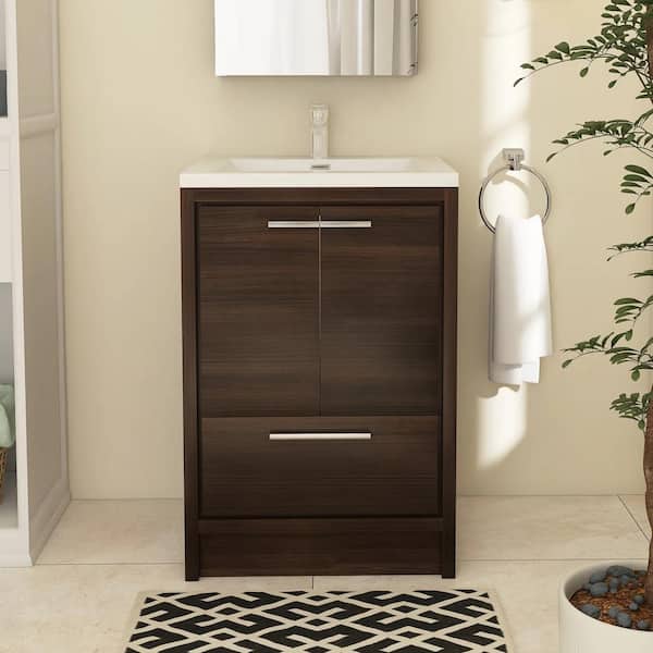 Boosicavelly 24 in. W x 20 in. D x 36 in. H Freestanding Bath Vanity in Grey Oak with White Solid Surface Top