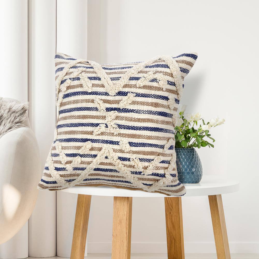 Oscar Blue and Natural Cotton Diamond Tufted Throw Pillow Set, 18" x 18"