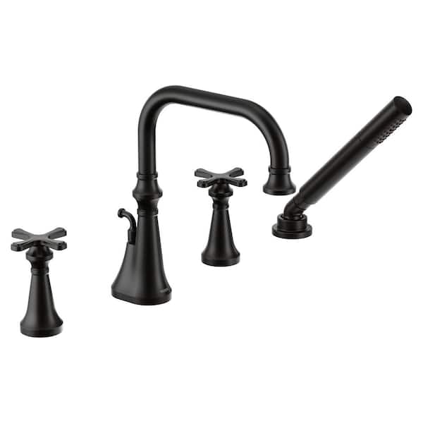 MOEN Colinet 2-Handle Deck-Mount Roman Tub Faucet Trim with Cross Handles Handshower and Valve Required in Matte Black
