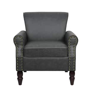 Mid-Century Retro Wooden Legs Black PU Leather Upholstered Accent Armchair with Nail head Trim (Set of 1)