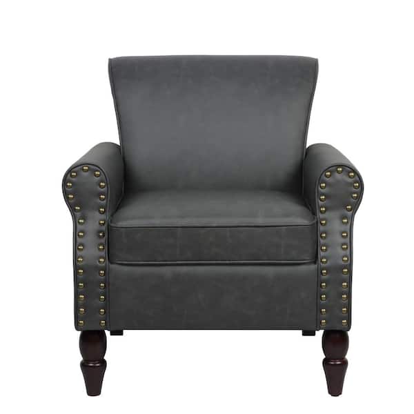 Uixe Mid-Century Retro Wooden Legs Black PU Leather Upholstered Accent Armchair with Nail head Trim (Set of 1)