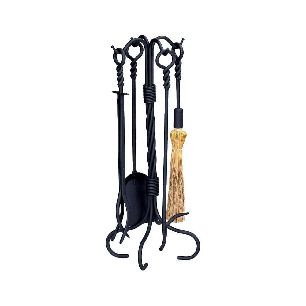 UniFlame Black Wrought Iron 5-Piece Fireplace Tool Set with Ring/Twist  Handles with Heavy Weight Construction F-1123