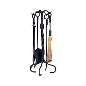 Black Wrought Iron 5-Piece Fireplace Tool Set with Ring/Twist Handles with Heavy Weight Construction