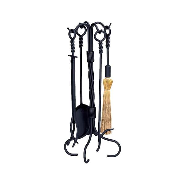 UniFlame Black Wrought Iron 5-Piece Fireplace Tool Set with Ring/Twist Handles with Heavy Weight Construction