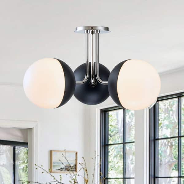 HUOKU Kza 3-Light 19.7 in. W Polished Nickel Semi-Flush Mount Atomized Modern Ceiling Light with Opal Glass for Hallway