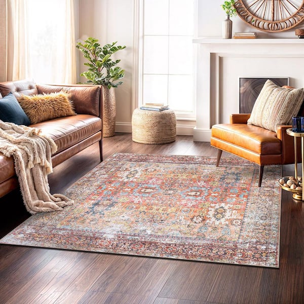 Transitional Distressed Machine Washable Non Slip Multi 6 ft. 7 in. x 6 ft. 7 in. Square Area Rug