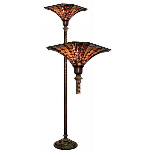 Warehouse of Tiffany 72 in. Green, Red, Orange and Antique Bronze Golden Amber Stained Glass Floor Lamp with Foot Switch