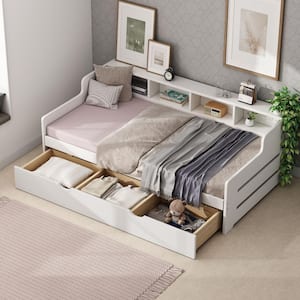 White Wood Twin Size Daybed with Shelves and 3-Drawers for Guest Room, Small Bedroom, Study Room