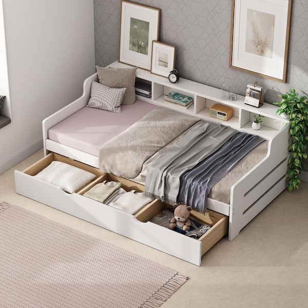 Harper & Bright Designs White Wood Twin Size Daybed with Shelves and 3-Drawers for Guest Room, Small Bedroom, Study Room